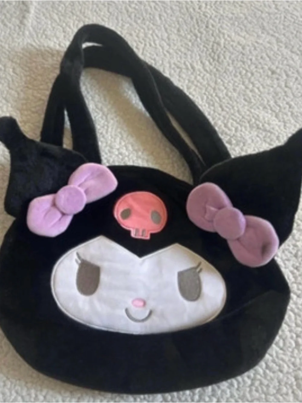 Sanrio Kuromi Black Plush Shoulder Bag with Pink & Lavender Bows
